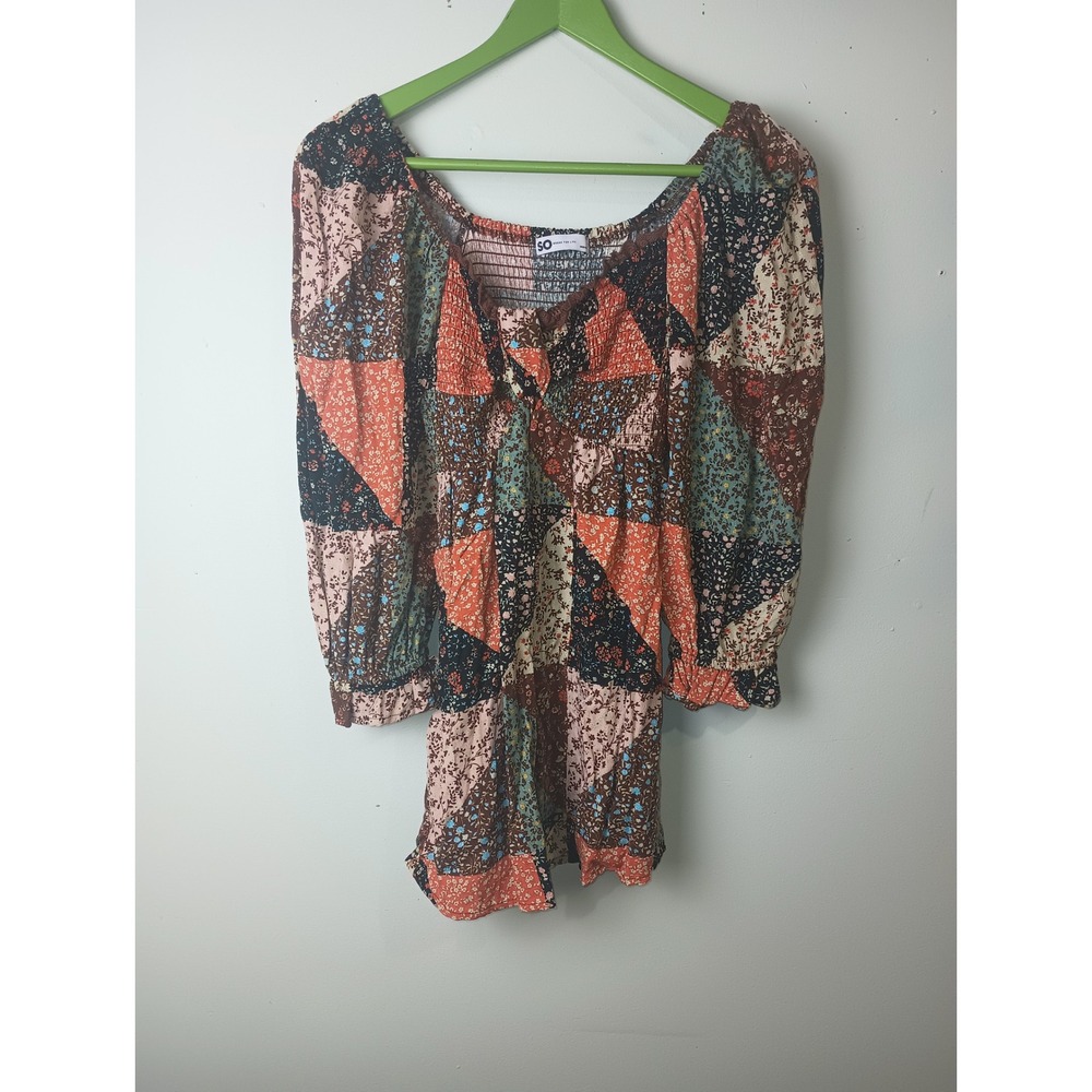 SO Goods For Life Patchwork Floral Smocked Square Neck Puff Sleeve Top Medium